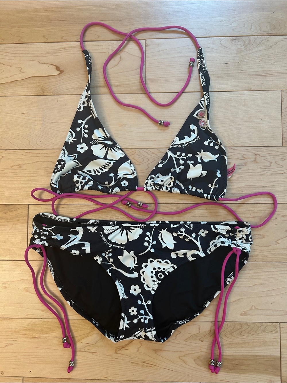 American Eagle Black & White Floral Triangle Bikini with Pink Ties